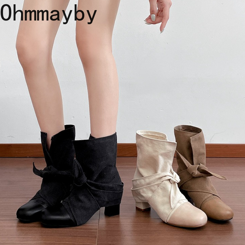 Block Heel Ankle Boots - Botines de mujer con punta redonda,