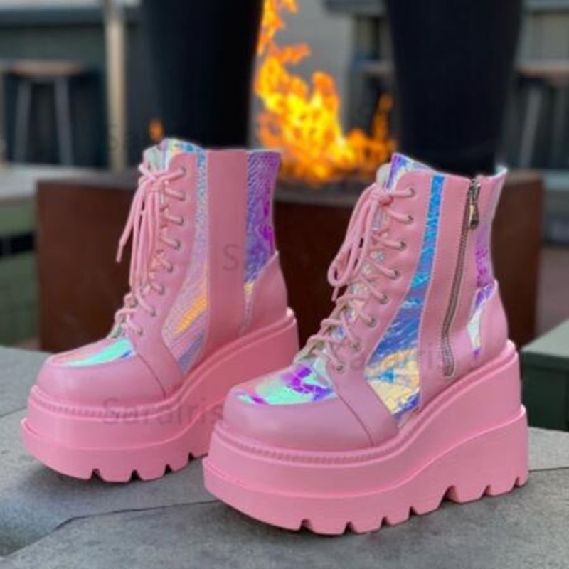 Block Heel Ankle Boots - Botas de plataforma holográficas rosas para