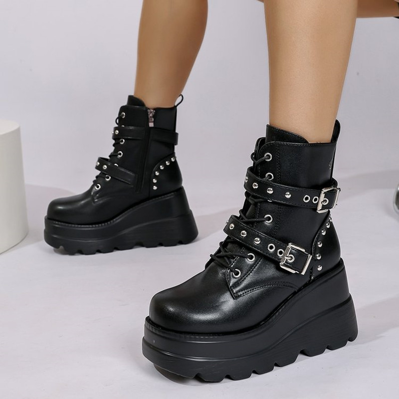 Block Heel Ankle Boots - Botines de Cuero para Mujer, Novedad
