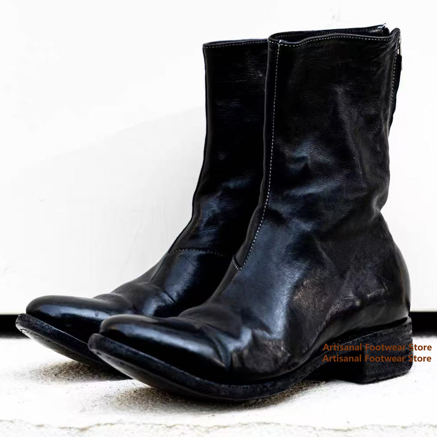 Block Heel Ankle Boots - Botas Vintage de Cuero Arrugado a